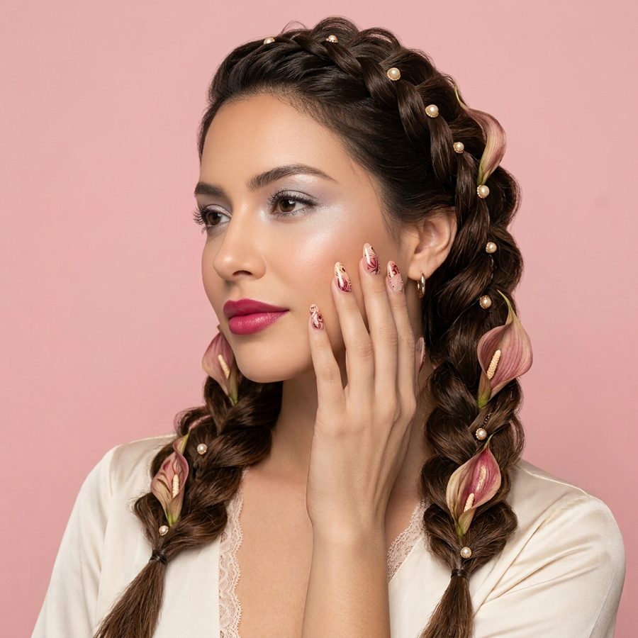 Mujer con trenzas decoradas y uñas pintadas